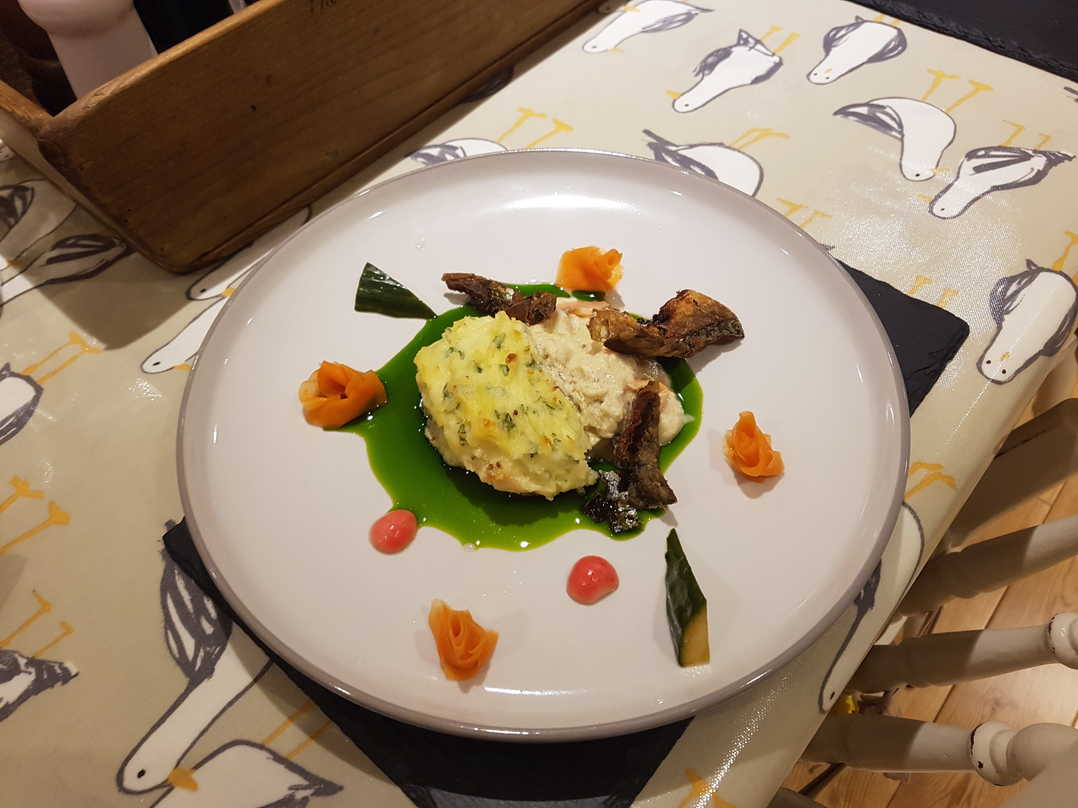 Mackerel Parmentier, served with Pickled Vegetables, Herb Oil and some Crispy Fried Mackerel Skin