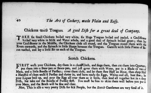 Recipe for 'Scotch Chicken' from 'The Art of Cookery Made Plain and Easy' 1747