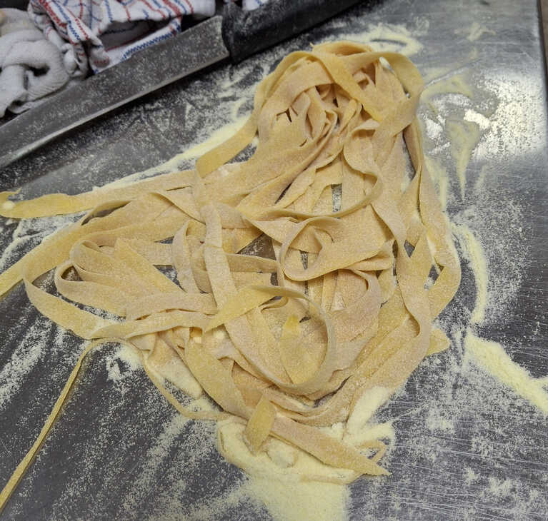 Teacher Paul's pasta ribbons, well sprinkled with semolina.