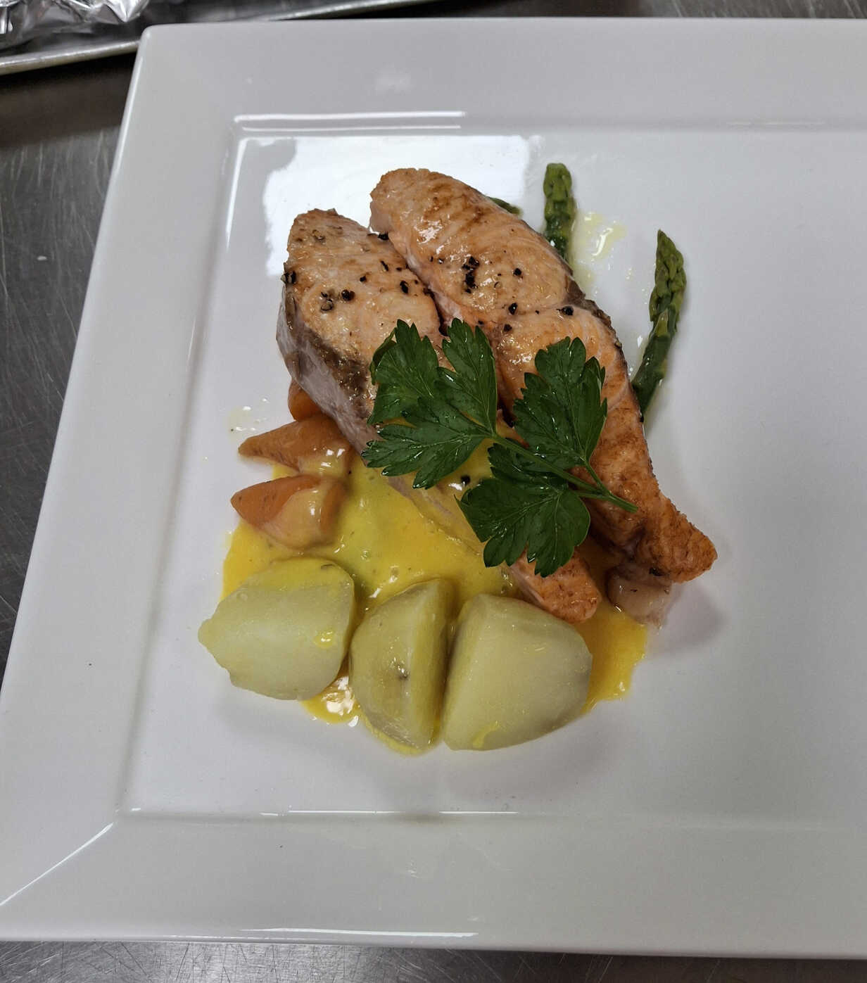 Paul's Grilled Salmon with Hollandaise and Glazed Vegetables.