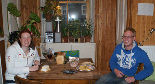 Callum and Flora eating dinner.