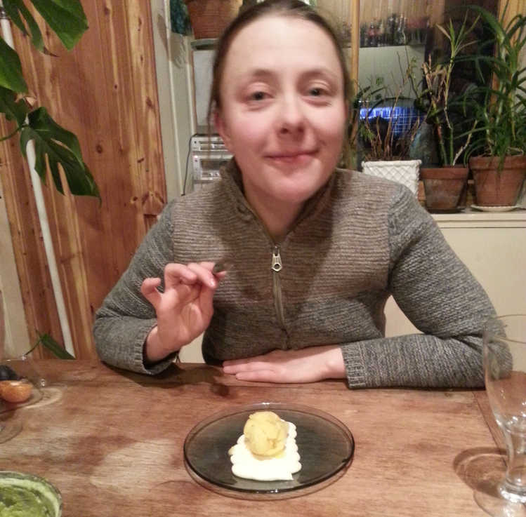 Jenny eating pudding