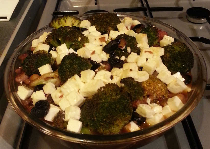 Tomatoes, Beans, Feta, Black Olives and Broccoli Bake