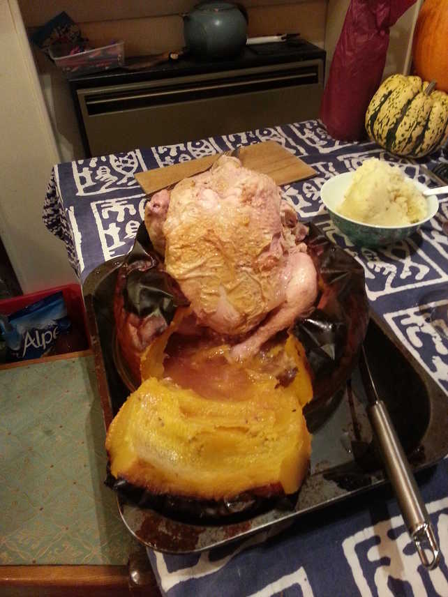 Pumpkin in a Chicken half out of a Pumpkin