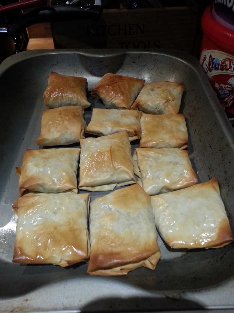 Filo Parcels with Mushroom and Sauerkraut. And Prawns. Cooking.