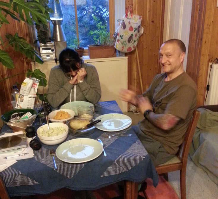 Kurt and Karen eating haggis.