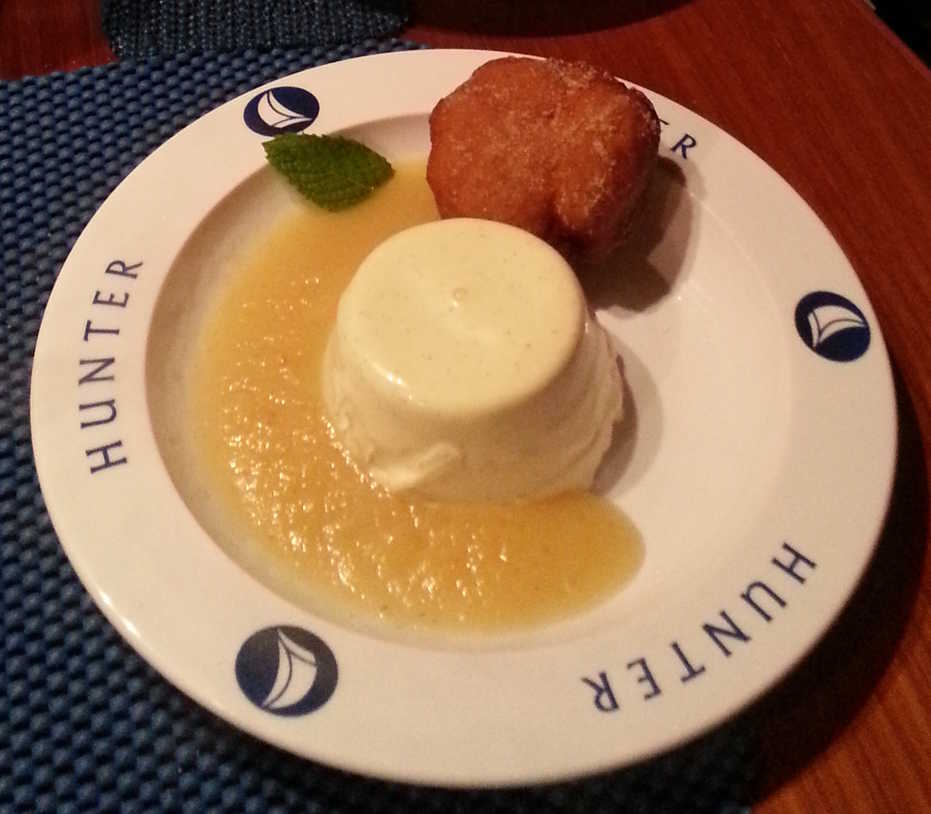 Poire Williams Panna Cottas with Ginger Doughnuts and Pear Sauce