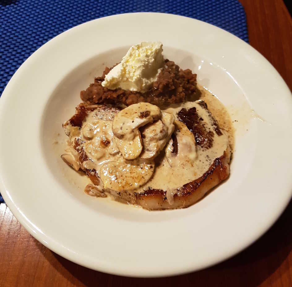 Beans with Chocolate and Truffle Oil served with pork chops and mushroom sauce