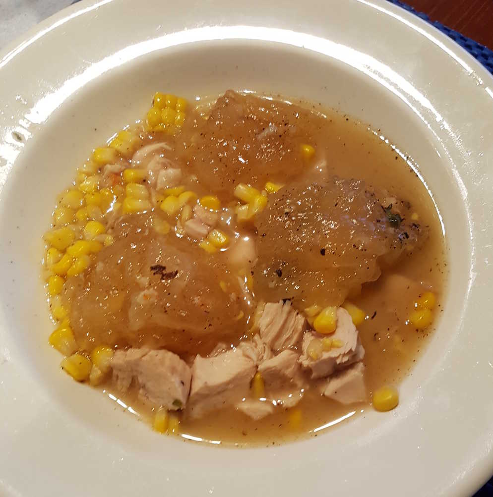 Tapioca Flour Dumplings in a Chicken and Sweetcorn Soup.