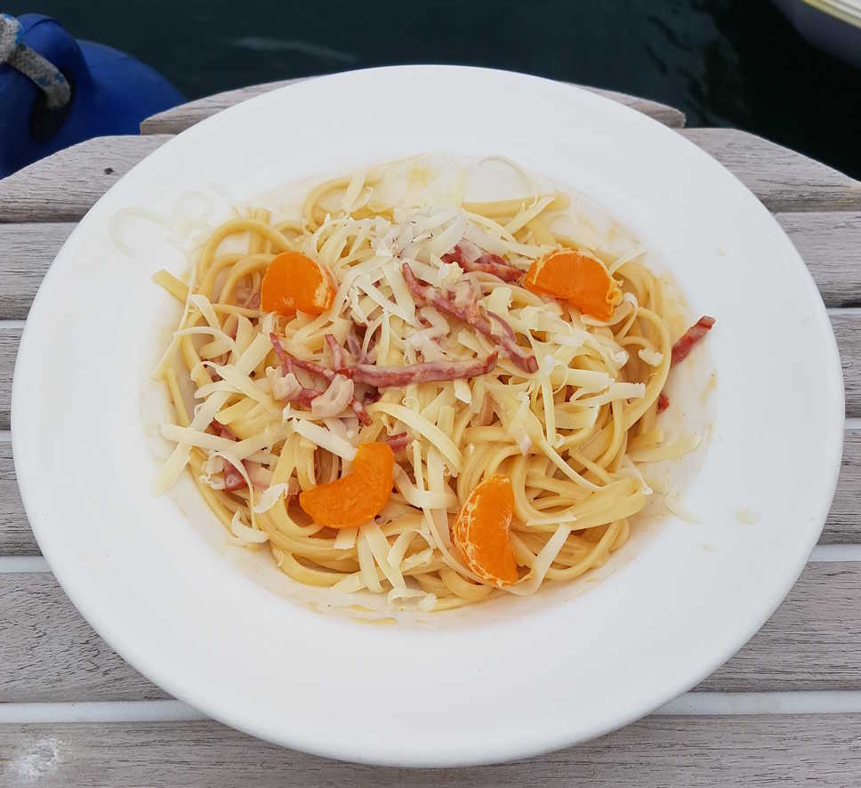 Liquorice Linguine with Chorizo and Tangerine Cream