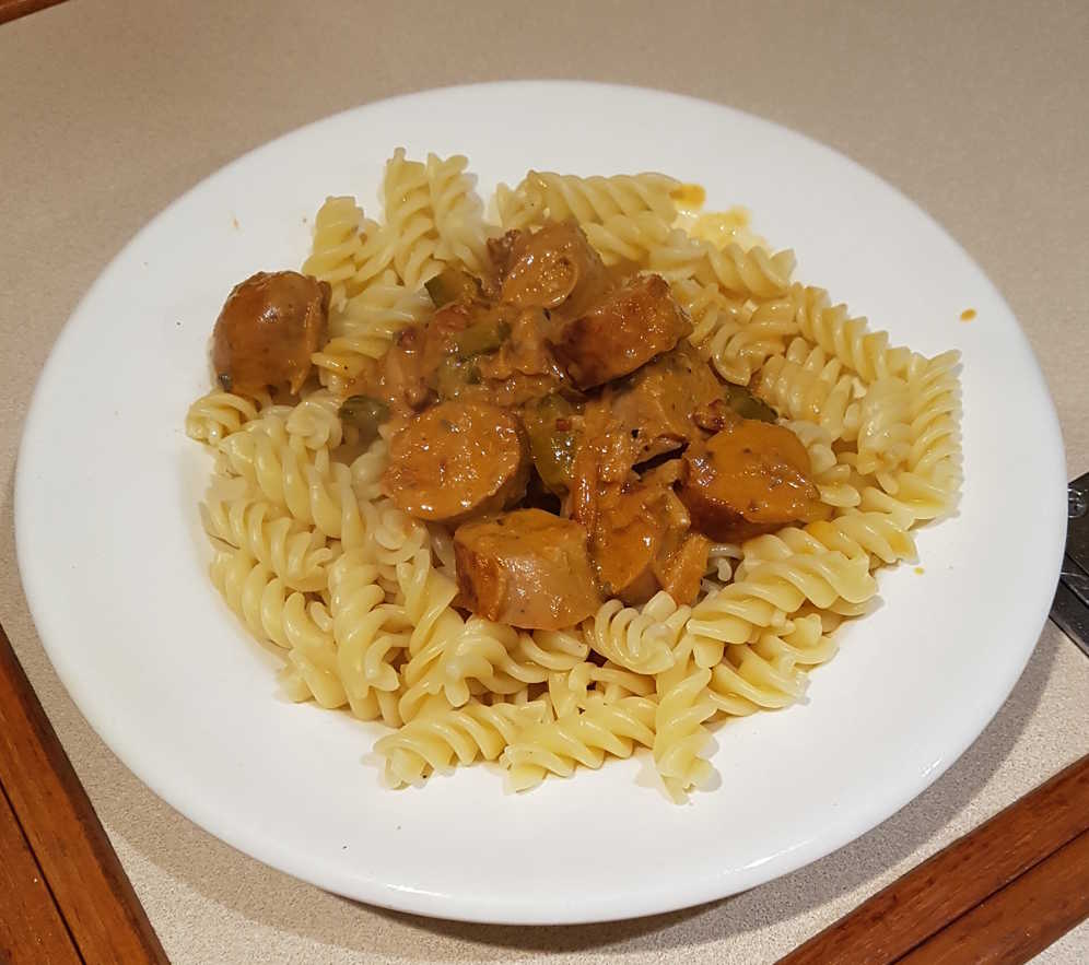 Sausage, Tomato and Roquefort Sauce over fusilli