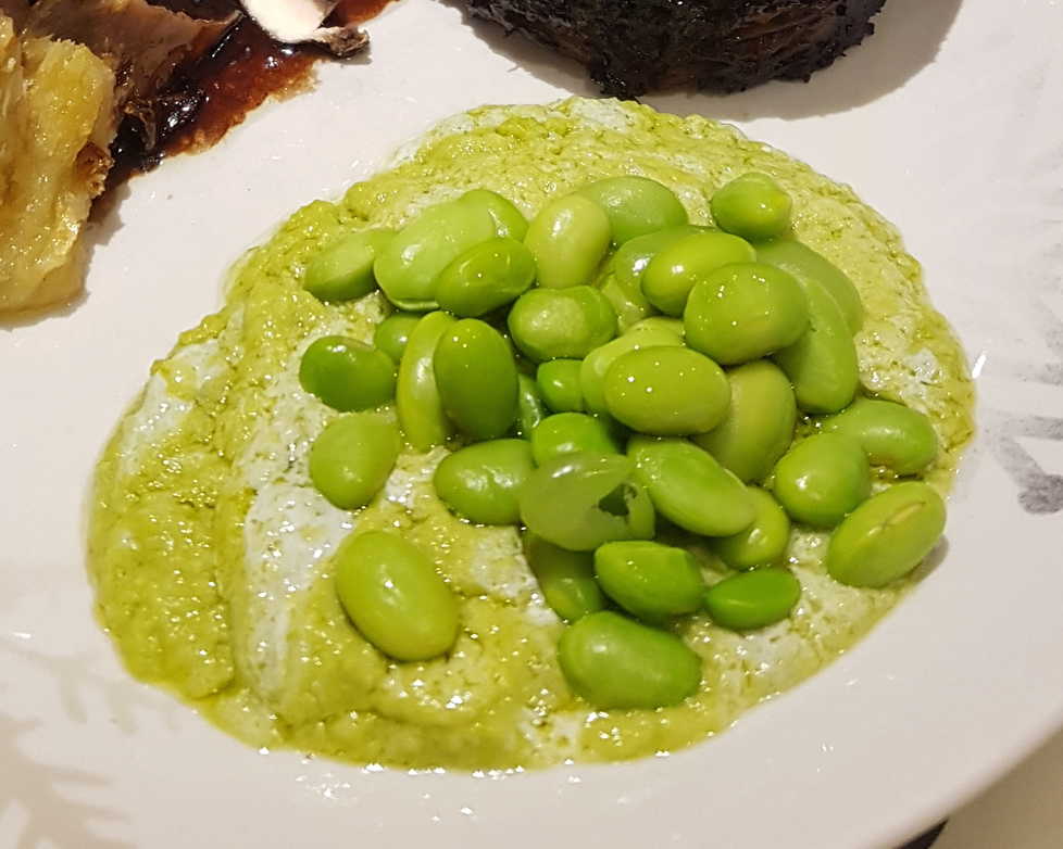 Edamame Beans and Pea Purée with Buttermilk and Basil Oil