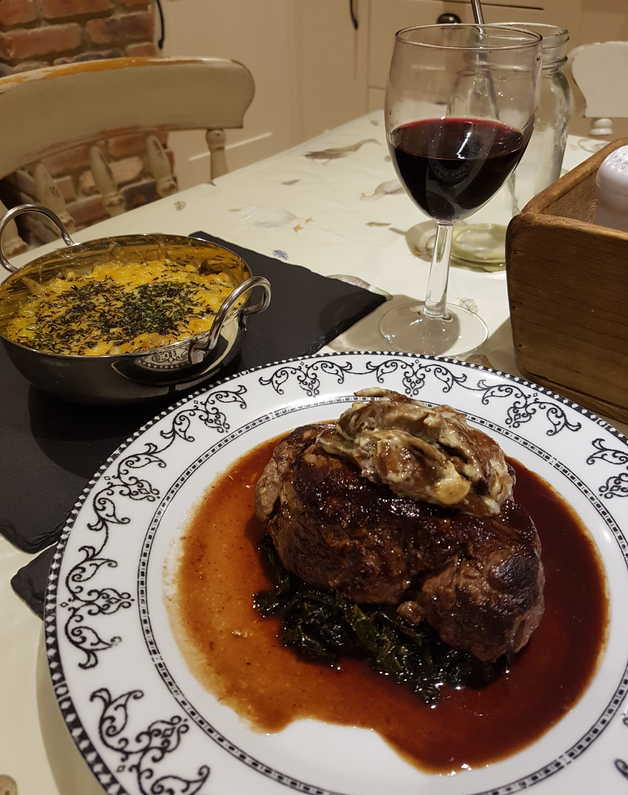 Filet McPhail on Cavolo Nero dressed with Oyster Mushrooms and Jerusalem Artichoke Gratin