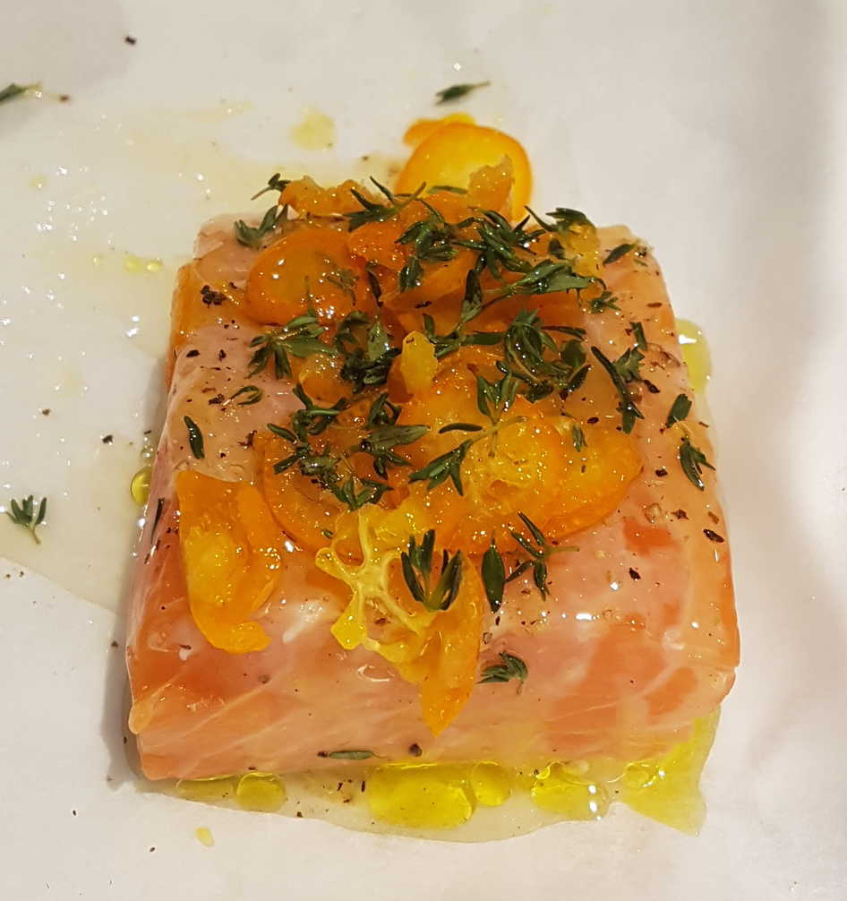 Salmon En Papillote with Horseradish Vodka, Olive Oil, Kumquats & Thyme