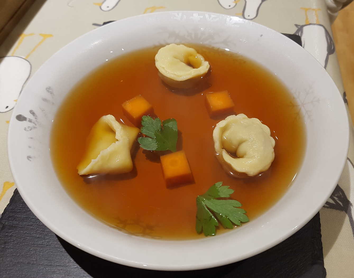 Beef Consommé with Calf Shin and Liver Tortellinis