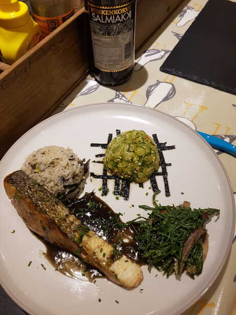 Salmoniakki. With Samphire and Creamed Mushrooms, Japanese Cucumber and Nori Salad.