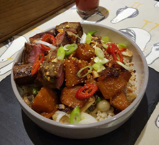 Soy-Glazed Sirloin, here served with Thai Green Curry Squash.