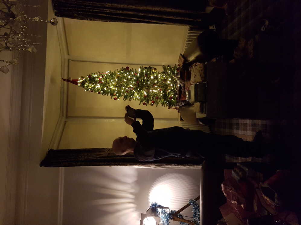 Illuminated Christmas tree in the dark.