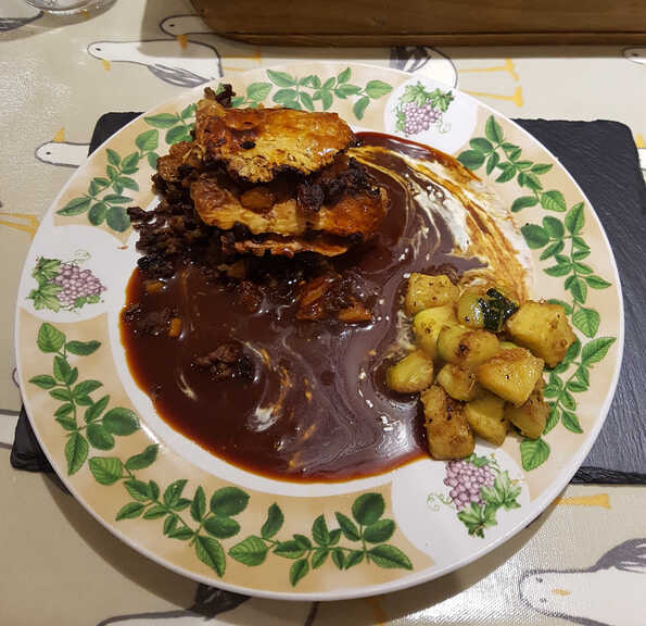 Caramel Cream Cheese Sauce served with Giant Mince Meat Pie and Ginger Courgettes.