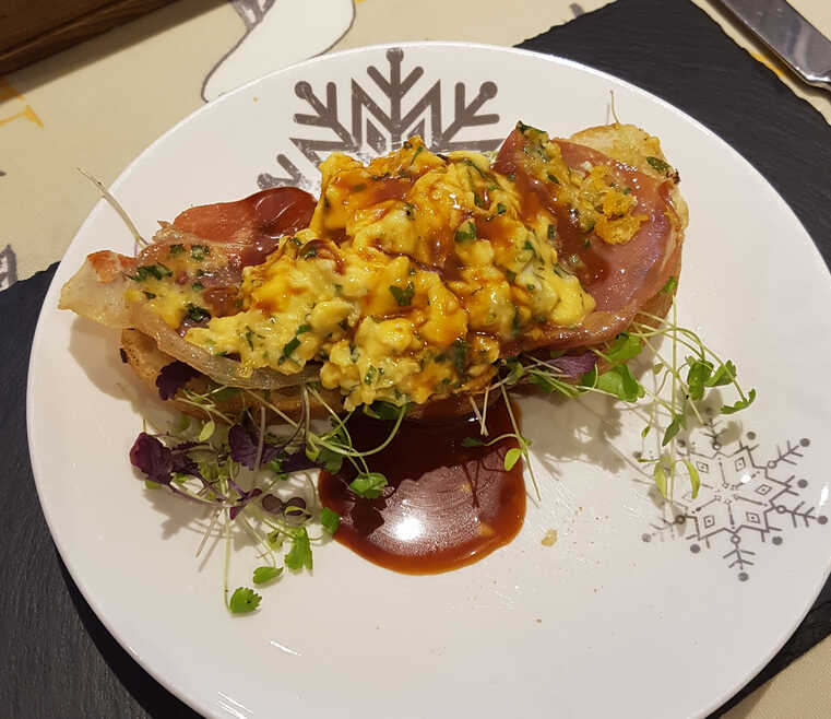 Caramel Cheese Sauce on Scrambled Egg.