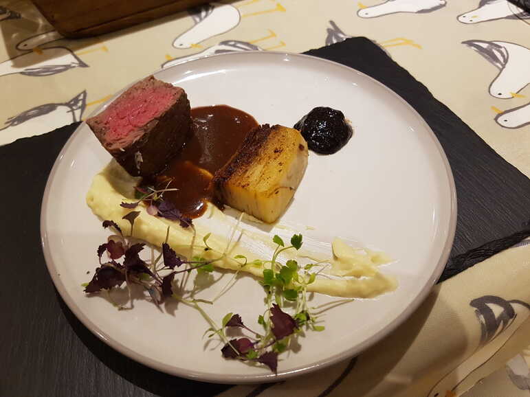 Red Wine and Tarragon Sauce with Fillet Steak, Pommes Anna, Parsnip Horseradish Purée and Black Garlic Gel