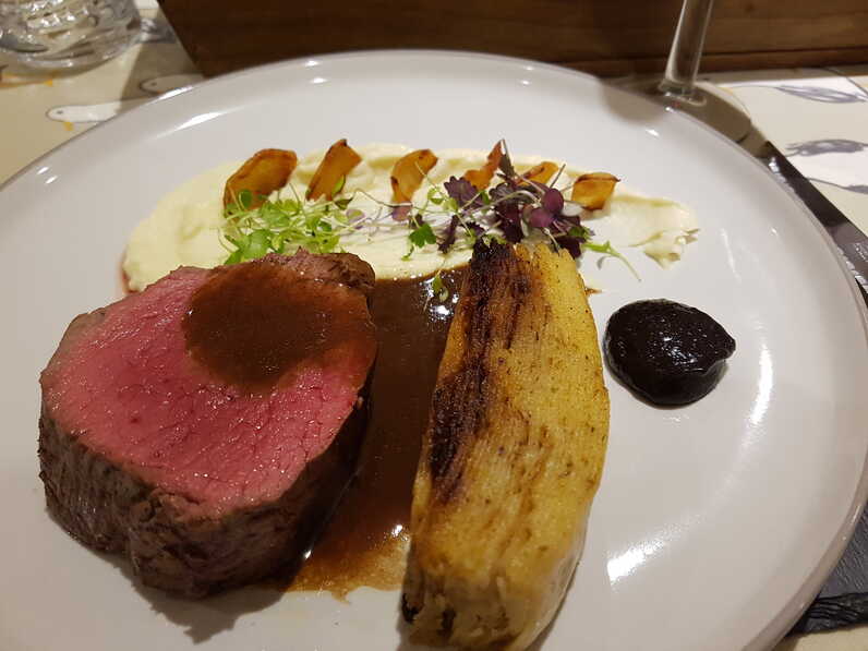 Black Garlic Gel with Fillet Steak, Pommes Anna, and Parsnip Horseradish Purée