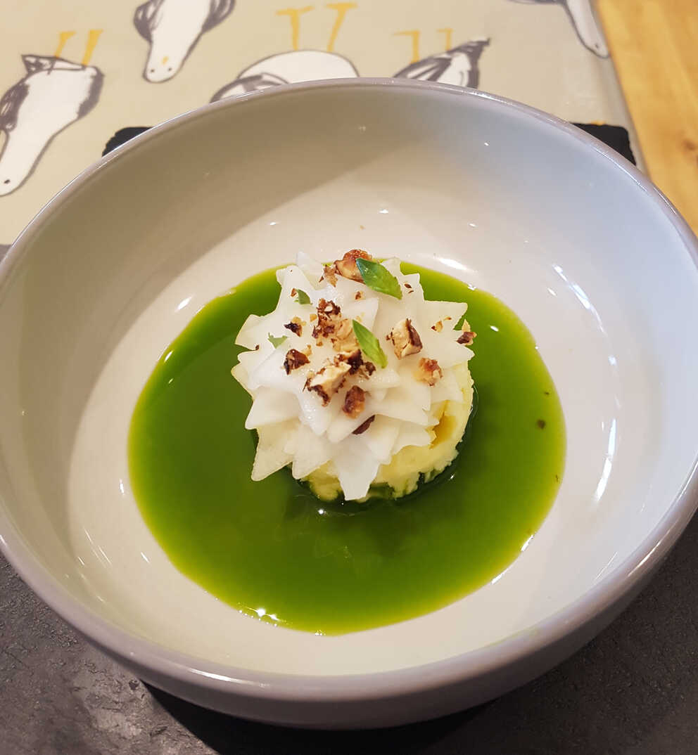 Abondance Mousse with Various Kohlrabis, Walnuts and Pears, Wild Garlic Dressing.