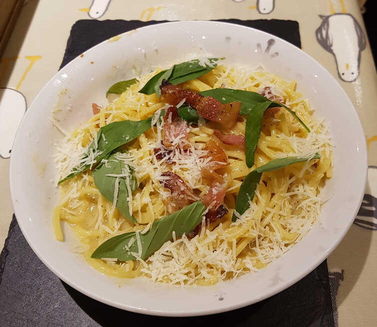 The original Spaghetti Carbonara with Guanciale and Peco Romano. OK, except for the basil.