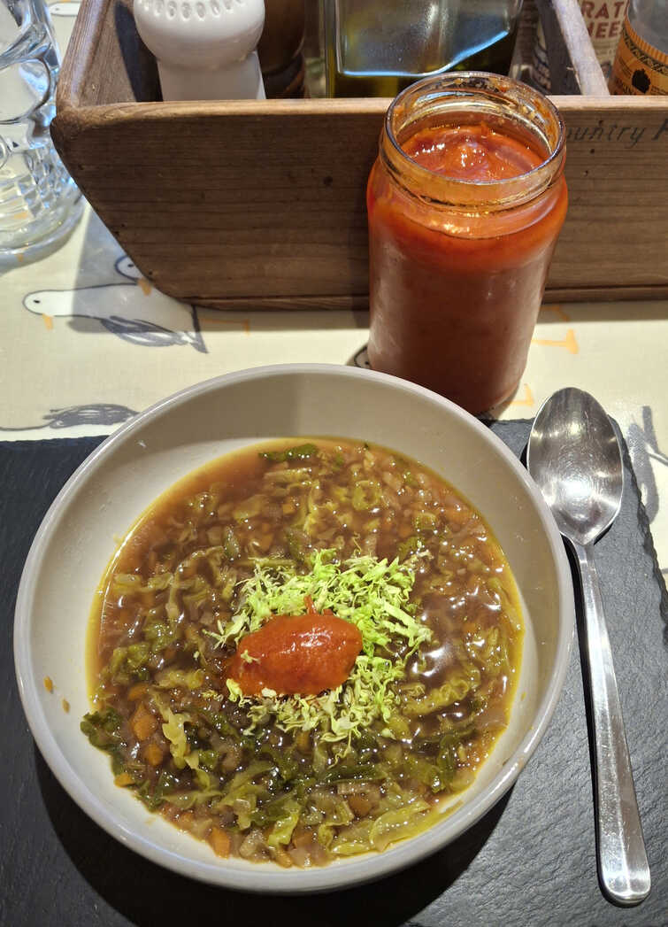 "Luxurious" Cabbage Soup. With Czech hot sauce.