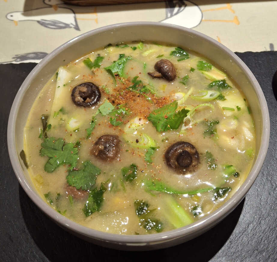 Pork Miso Soup with Lemongrass and Coconut Milk. Dressed with Shichimi Togarashi.