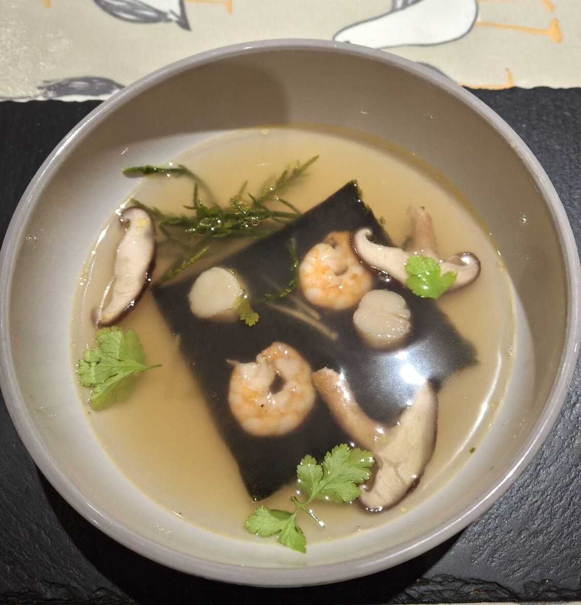 Miso Soup with Prawns, Scallops and Samphire. Clear.