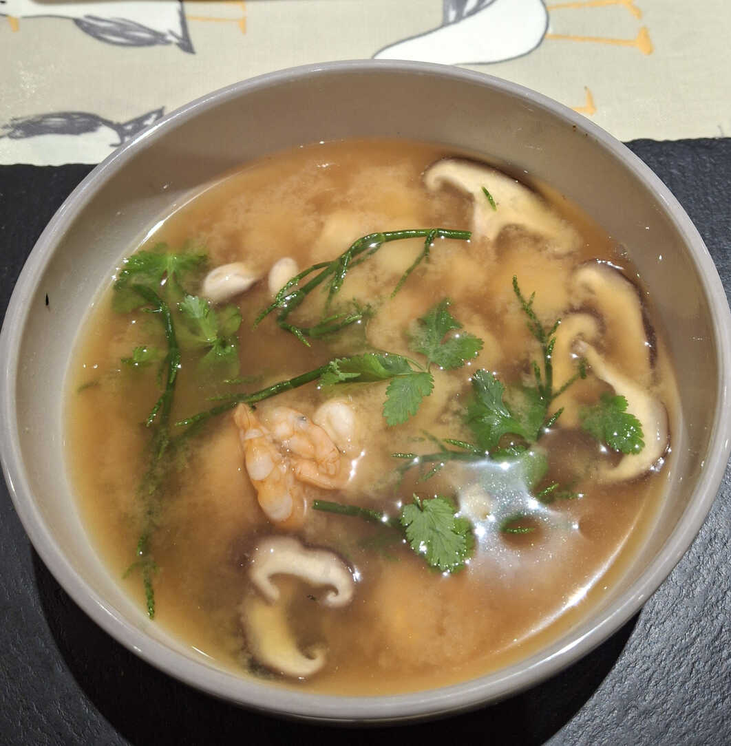 Miso Soup with Prawns, Scallops and Samphire. Cloudy with miso.