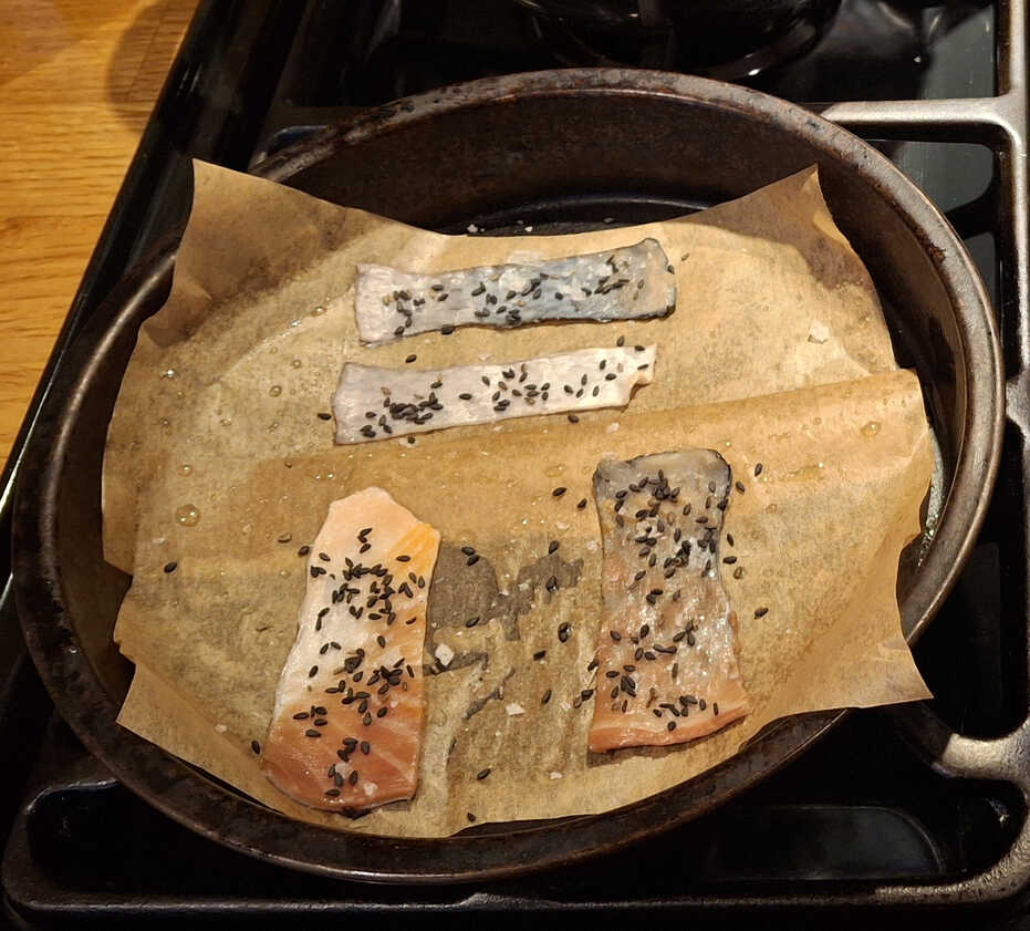 Sesame Seeded Salmon Skins. Ready for the oven.