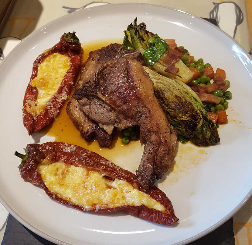 Lamb Cutlet with Pea and Lettuce Ragout. And a side of Mascarpone-Stuffed Peppers.