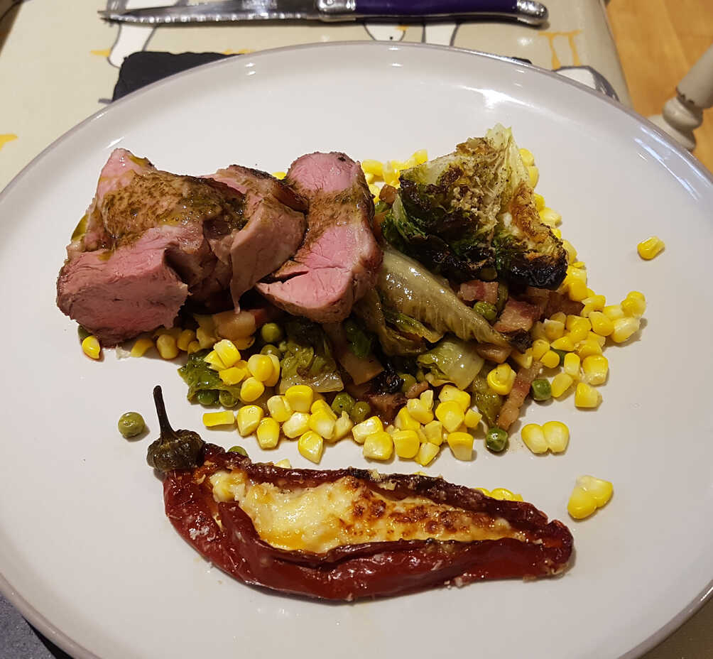 A Pepper Stuffed with Mascarpone and Apricots. With Lamb Rumb, Pea and Lettuce Ragout, Sweetcorn.