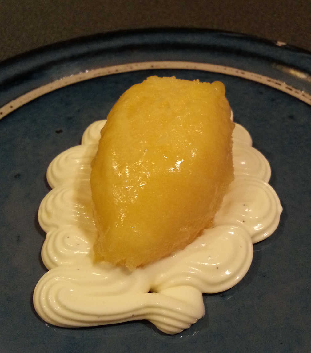 Mango sorbet quenelle on creme diplomat