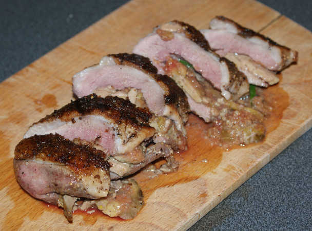 Duck breasts stuffed with foie gras and figs